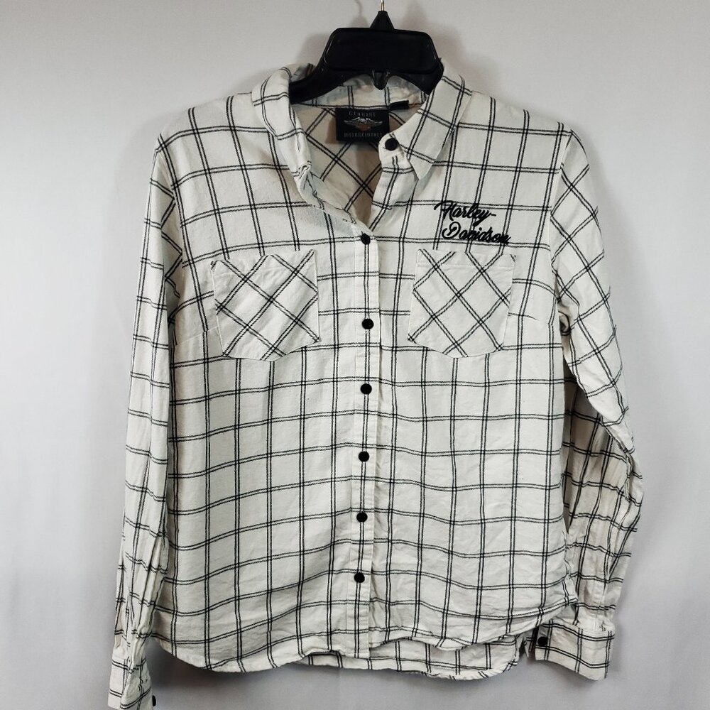Vintage Harley Davidson Embroidered Lng Slv Collared Button Up Blk Wht Plaid M